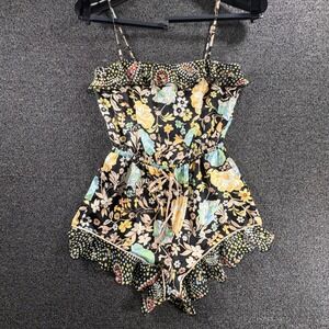 Victorias Secret Satin Romper Floral Black Ruffle Trim Womens XS Sleepwear